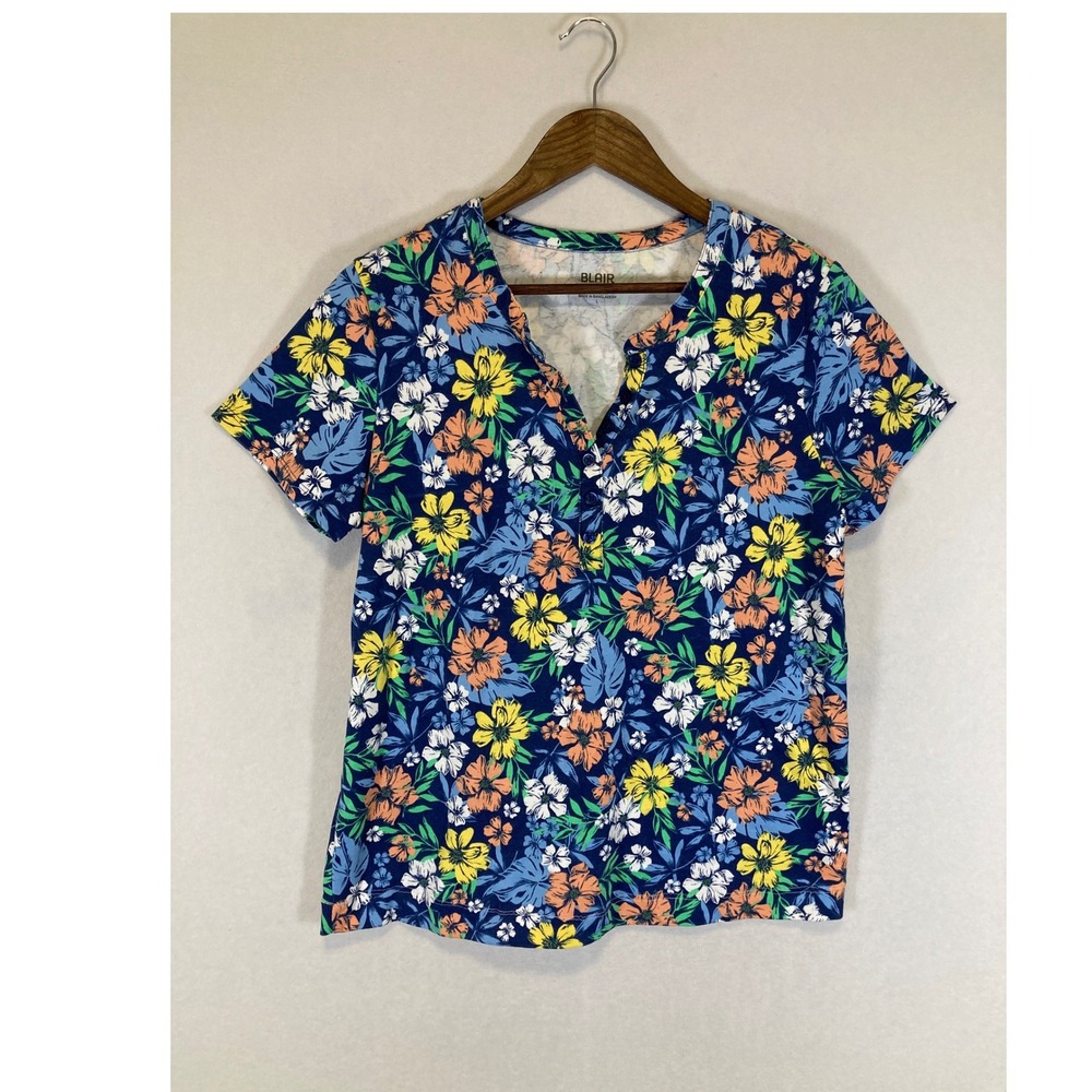Tropical Floral Blair Women Large Blue Short Sleeve Split Neck Knit Top B34496